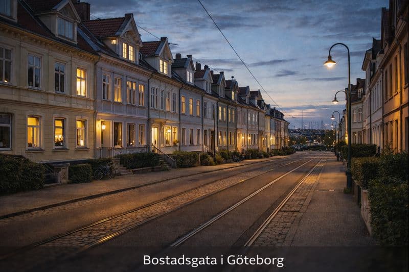 Karakteristisk bostadsgata i Göteborg vid skymning