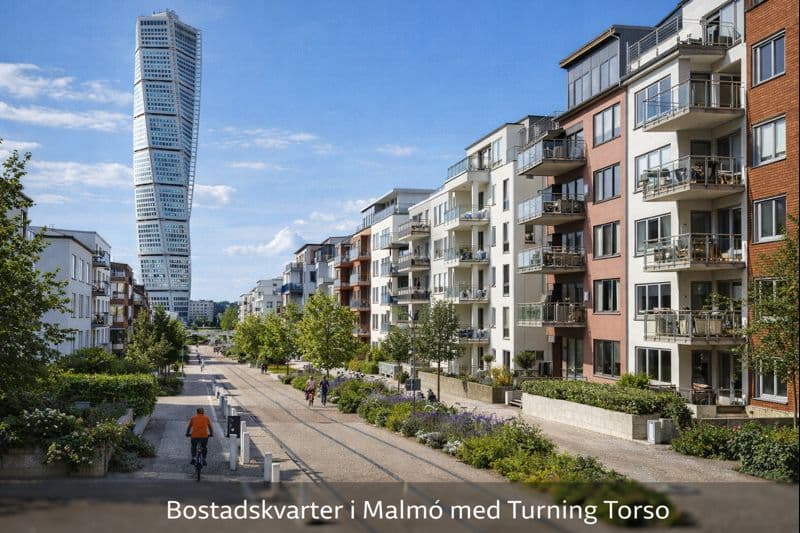 Modernt bostadskvarter i Malmö med Turning Torso i bakgrunden
