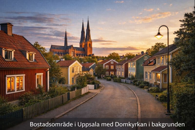 Bostadsområde i Uppsala med Domkyrkan i bakgrunden