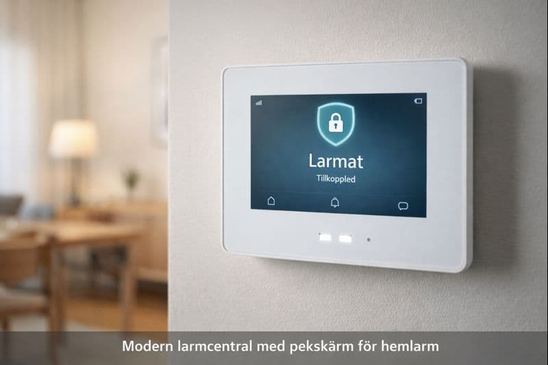 Modern larmcentral med pekskärm visar aktiv status
