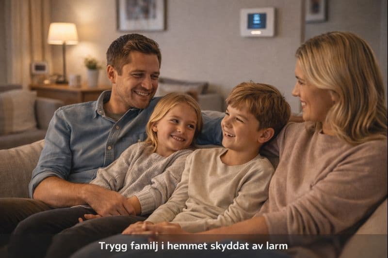 Trygg svensk familj i hemmet skyddat av hemlarm