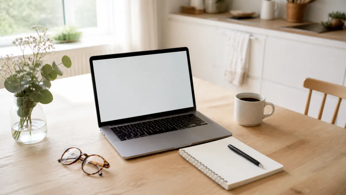 Köksbord med öppen laptop, anteckningsblock, penna och kaffekopp i morgonljus