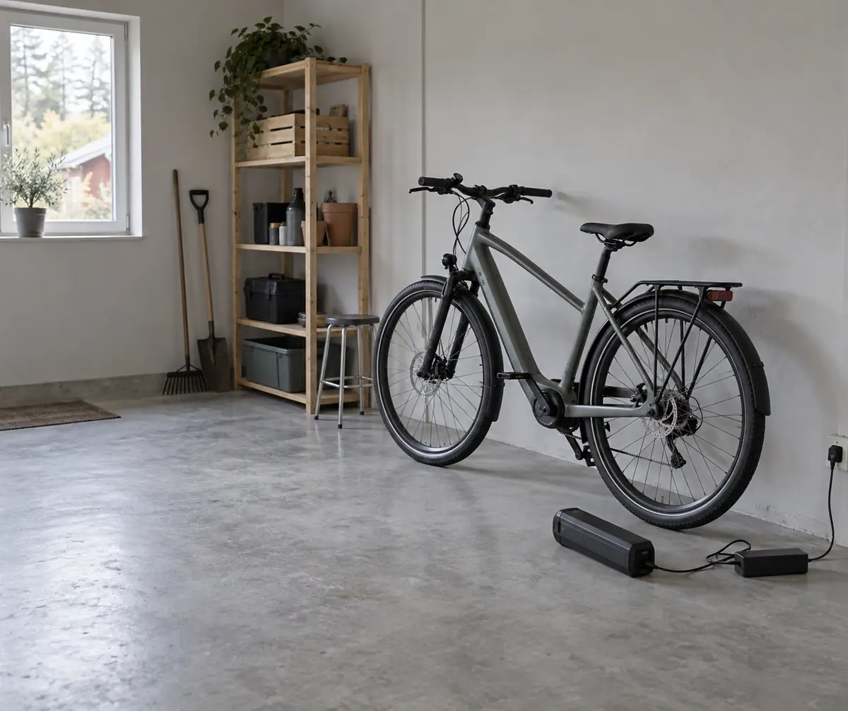 Elcykel lutad mot väggen i ett garage med batteriet urtaget och laddande på betonggolvet