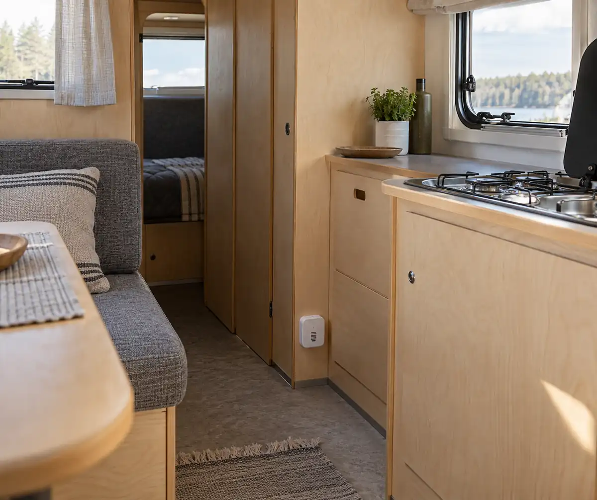 Interiör i en husvagn med björkpanel, gasolspis och ett litet vitt gaslarm monterat lågt på väggen nära golvet
