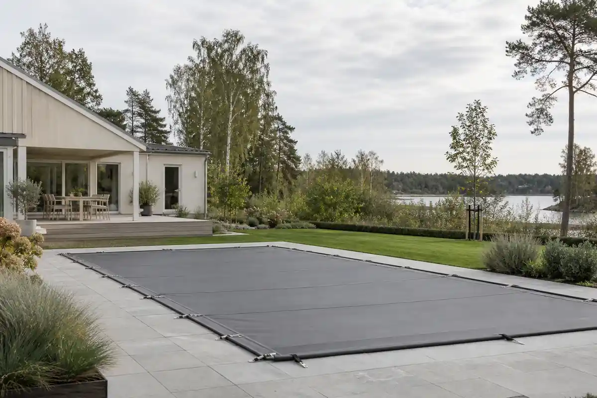 Rektangulär pool i en villaträdgård täckt av en spänd skyddstäckning med fästpunkter längs kanten