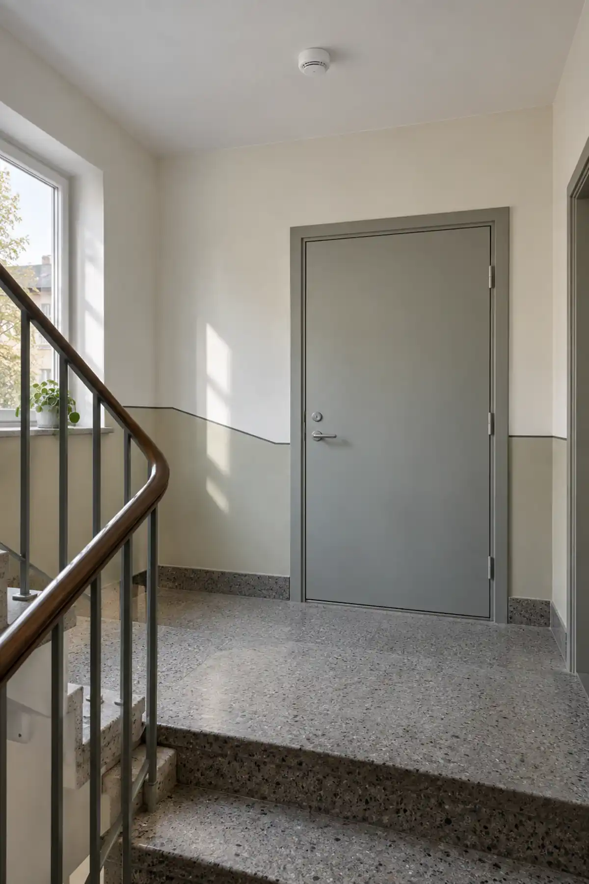 Trapphus i ett svenskt flerbostadshus med lägenhetsdörr, terrazzogolv och en vit brandvarnare i taket